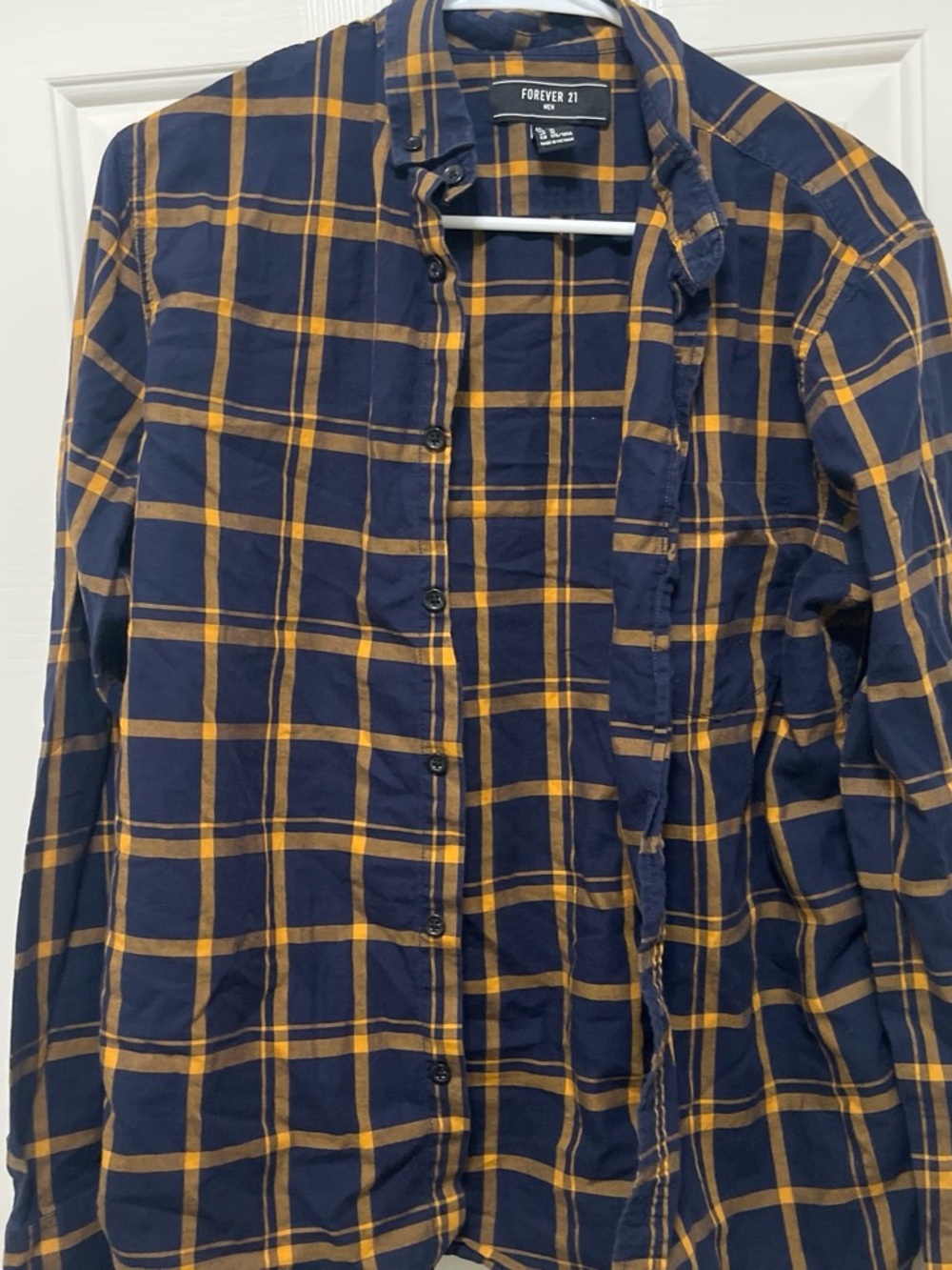 Forever 21 Men's Navy and Mustard Plaid Button-Down Shirt
